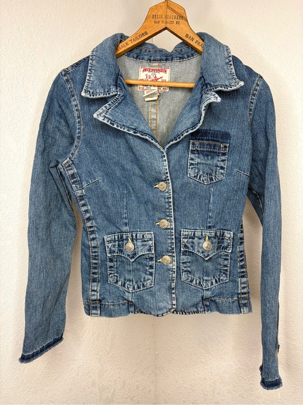 True Religion Y2K Blue Denim Jean Jacket Women's Size M Embroidered Jackie